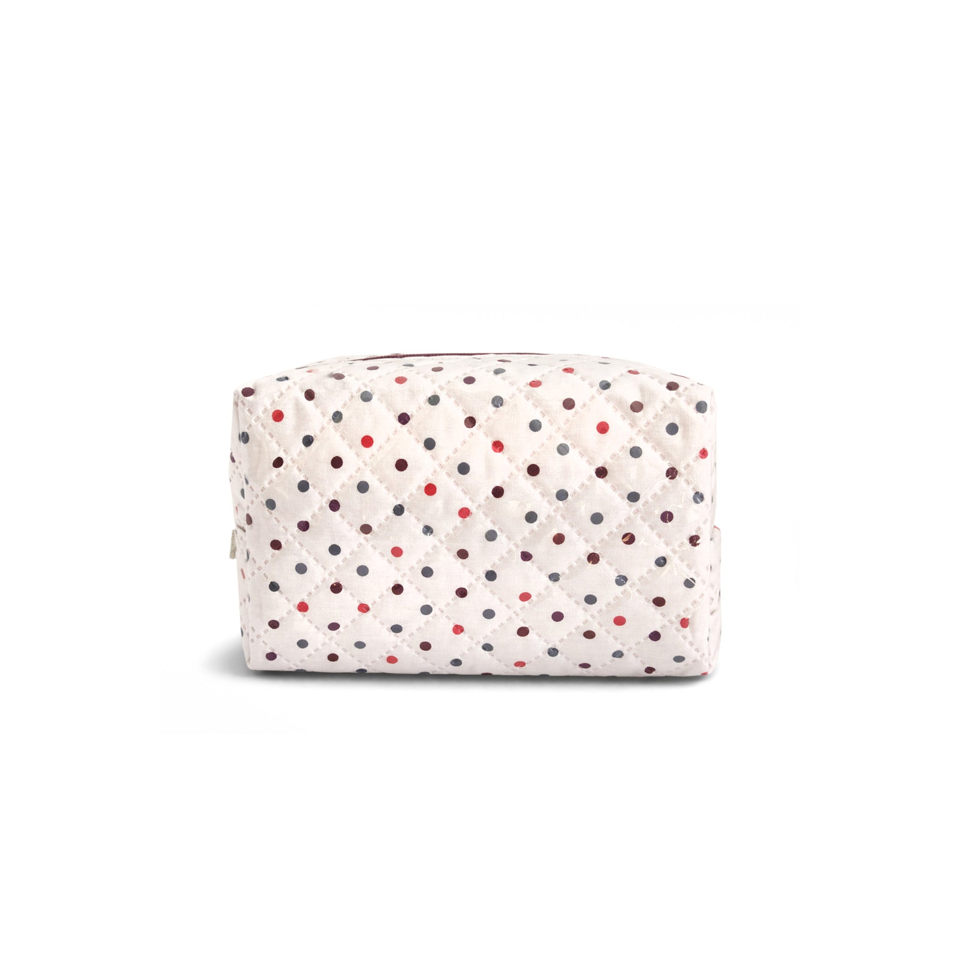 Neceser pequeño acolchado de algodón plastificado con rombos y lunares multicolor