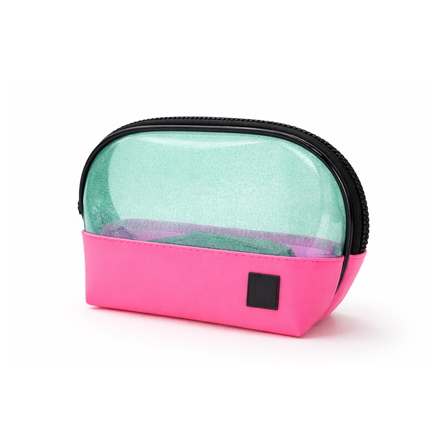 Neceser pequeño PVC verde traslúcido con glitter y base EVA fucsia