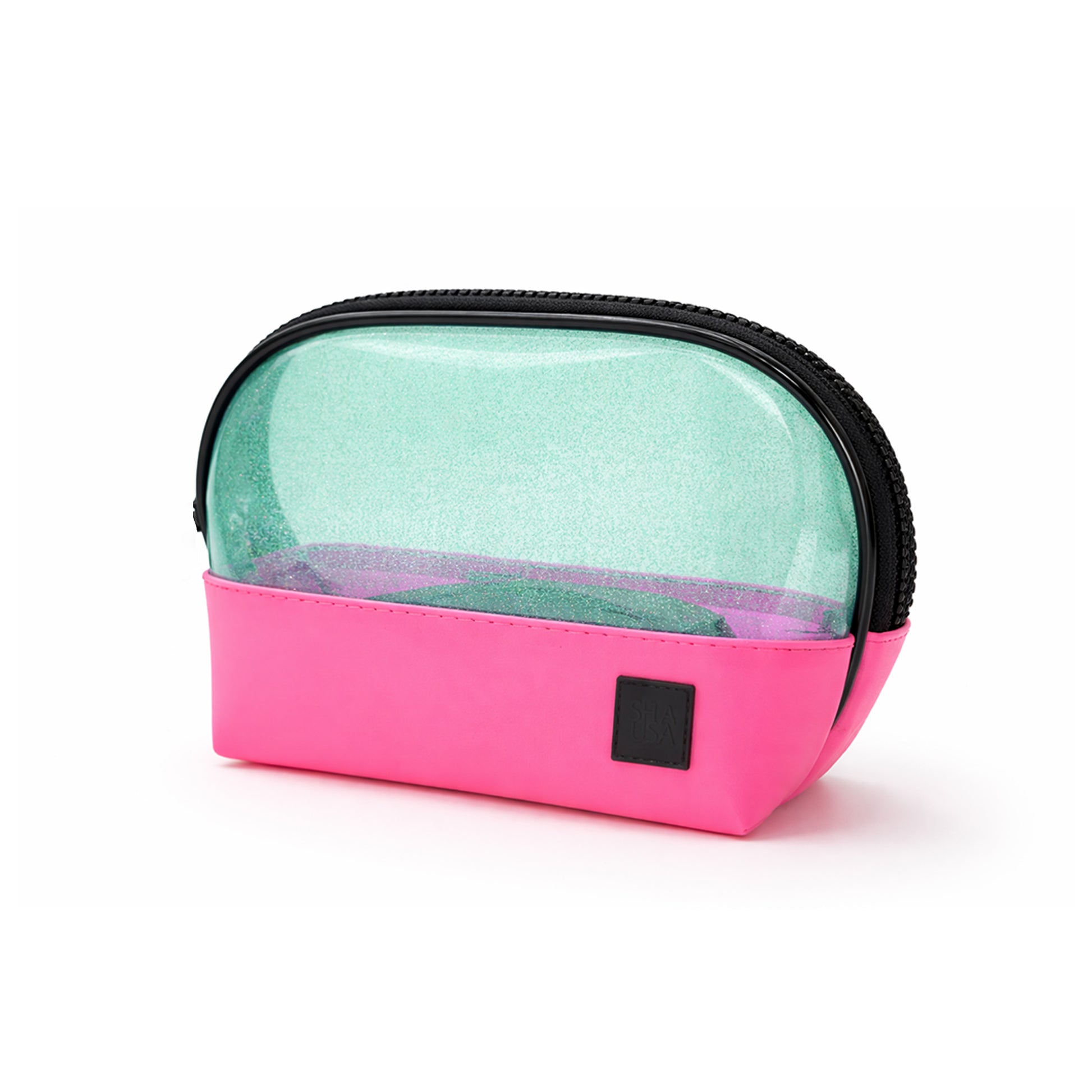 Neceser pequeño PVC verde traslúcido con glitter y base EVA fucsia