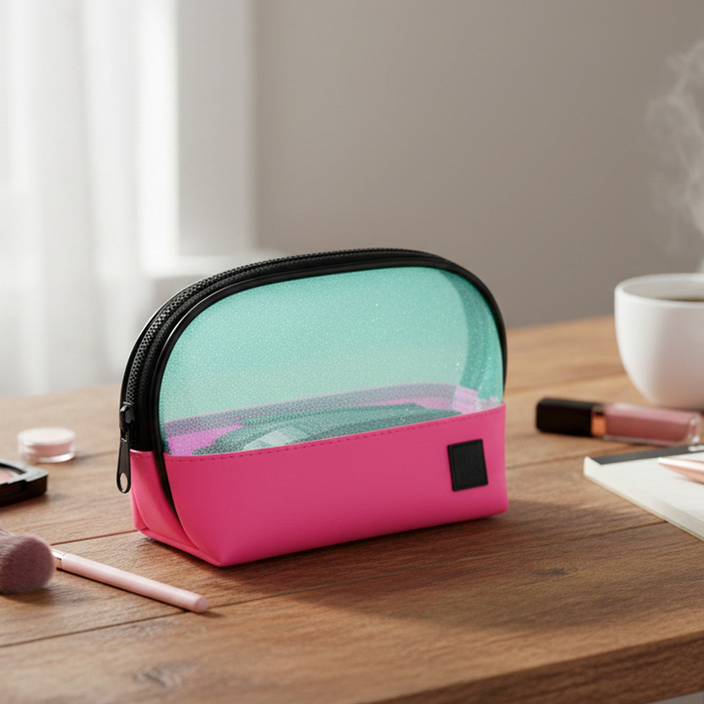 Vista lateral de neceser pequeño PVC verde con glitter y base fucsia