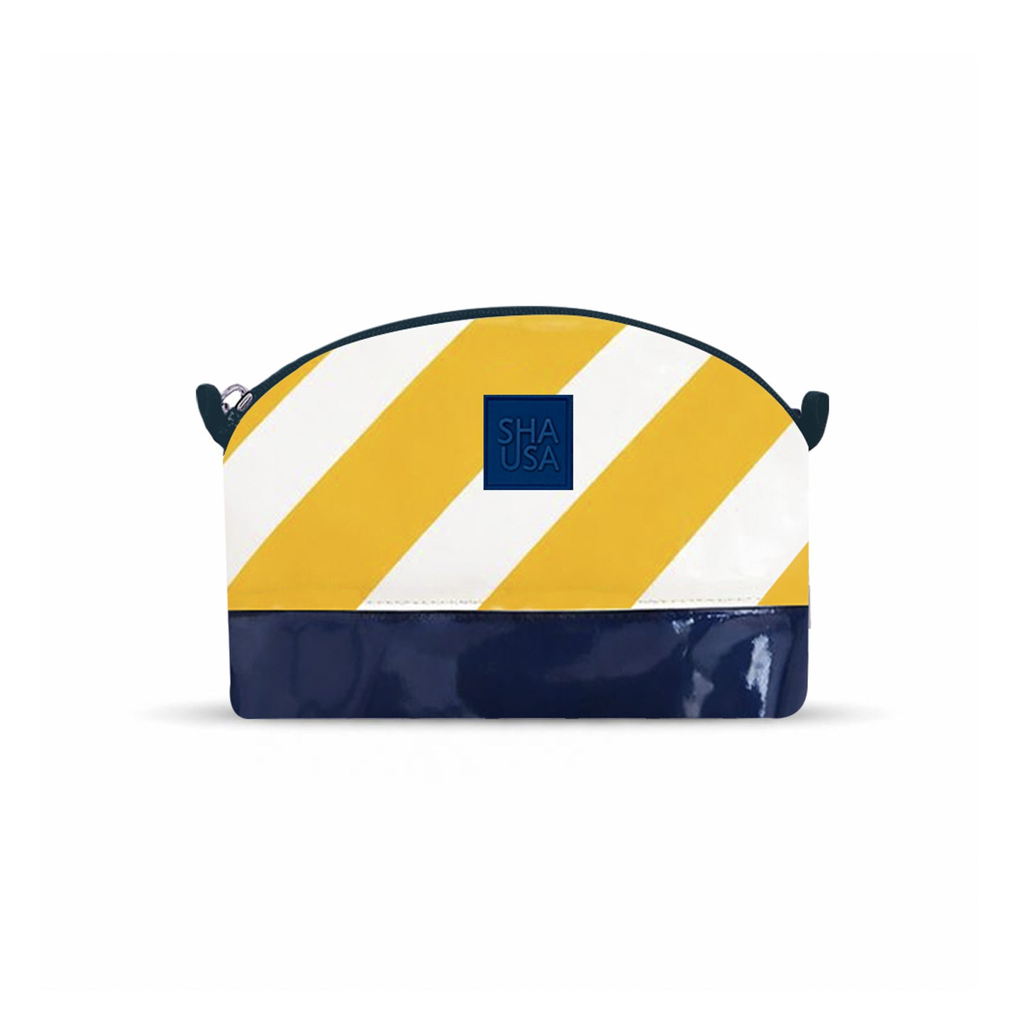 Neceser pequeño rayas amarillas en polipiel con base de charol azul marino
