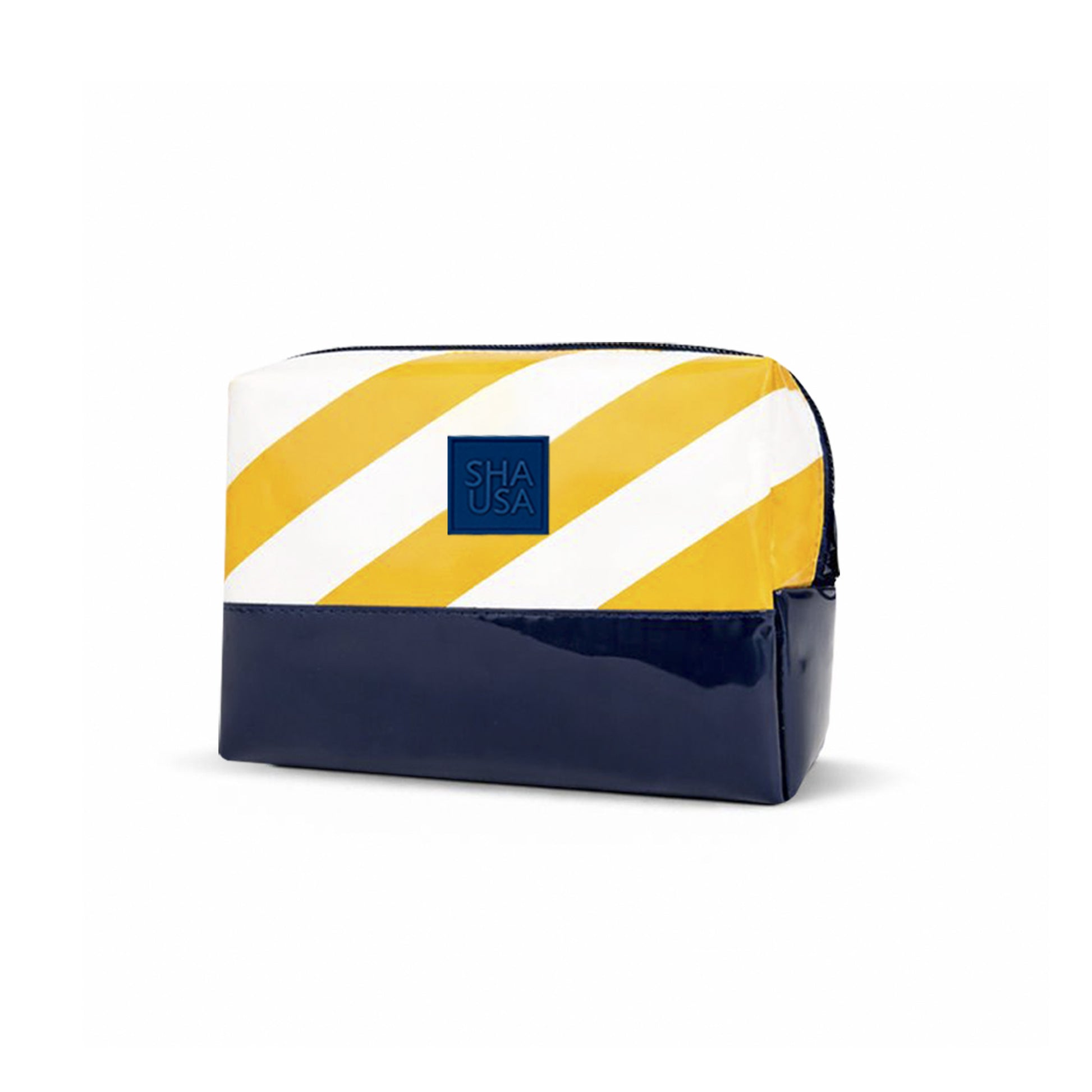 Neceser pequeño rayas amarillas en polipiel con base de charol azul marino