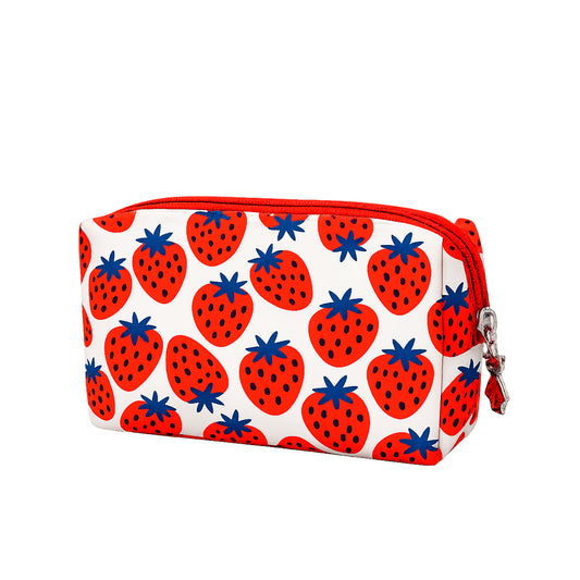Neceser pequeño rectangular de polipiel estampada con fresas