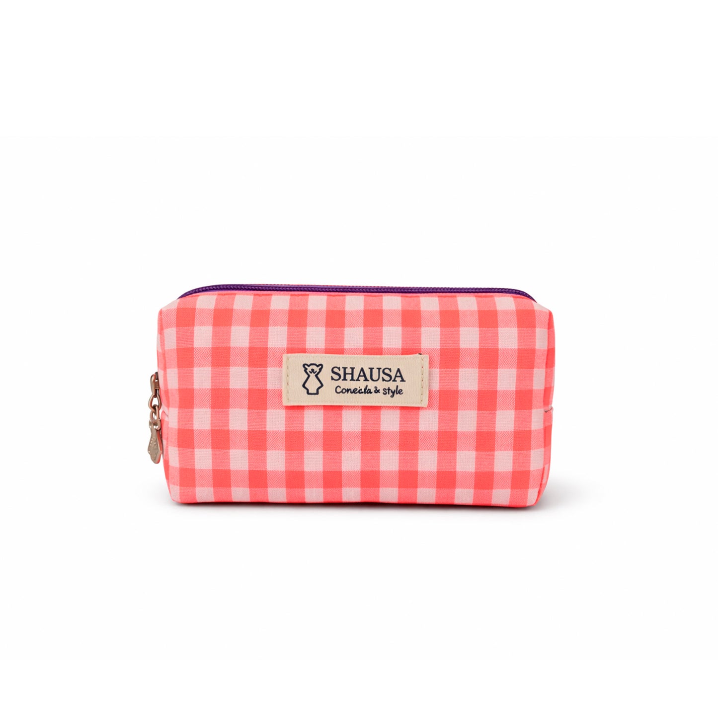 Neceser pequeño vichy rosa flúor y blanco con cremallera