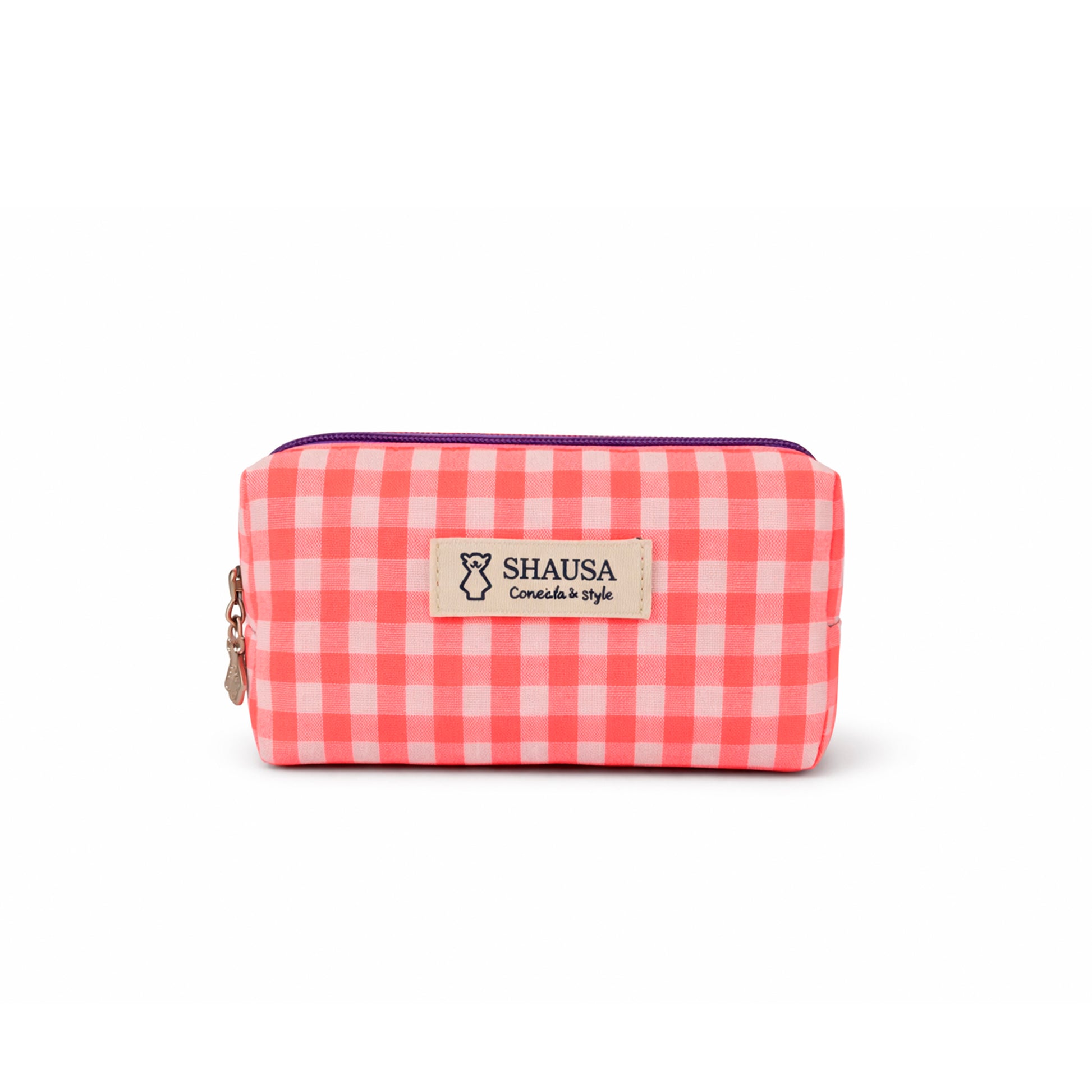 Neceser pequeño vichy rosa flúor y blanco con cremallera