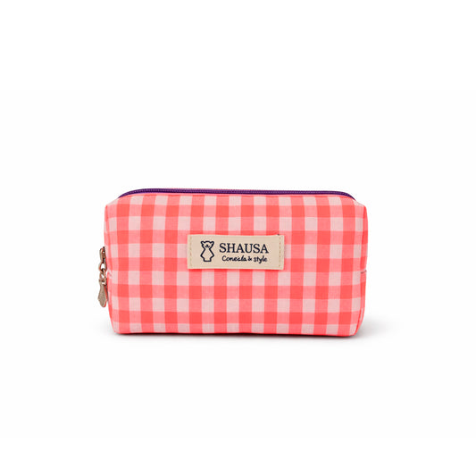 Neceser pequeño vichy rosa flúor y blanco con cremallera