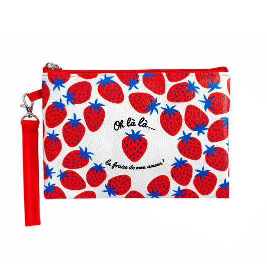 Neceser de polipiel estampado con fresas y asa roja