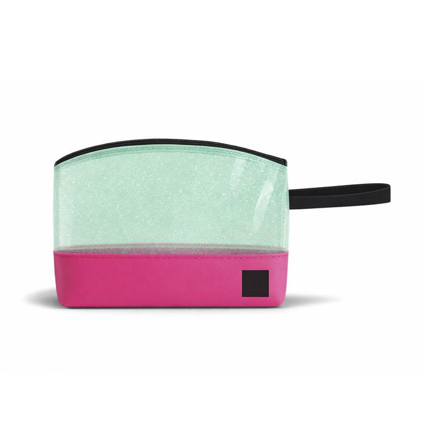 Neceser PVC verde traslúcido con glitter y base EVA fucsia con asa lateral