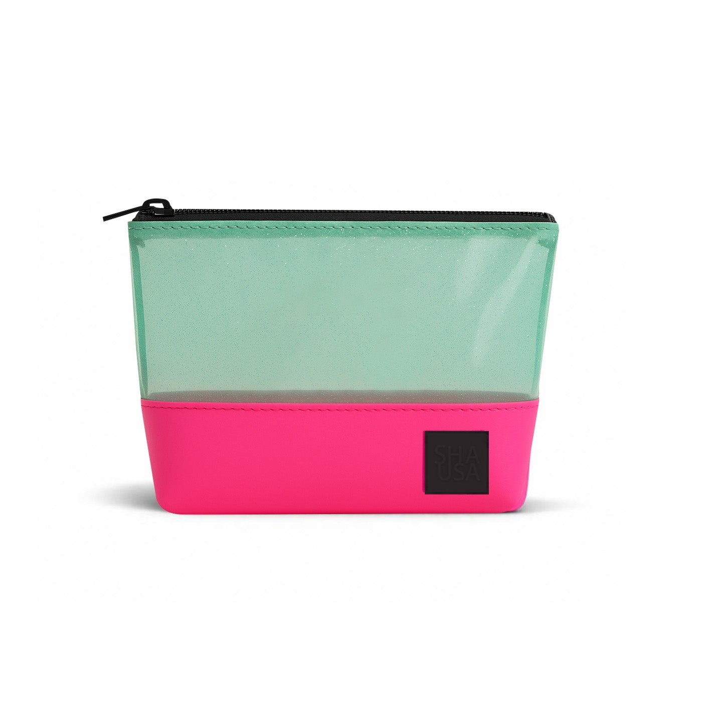 Neceser pequeño PVC verde traslúcido con glitter y base EVA fucsia