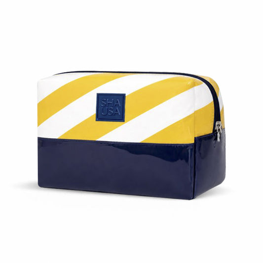 Neceser rectangular rayas amarillas en polipiel con base de charol azul marino