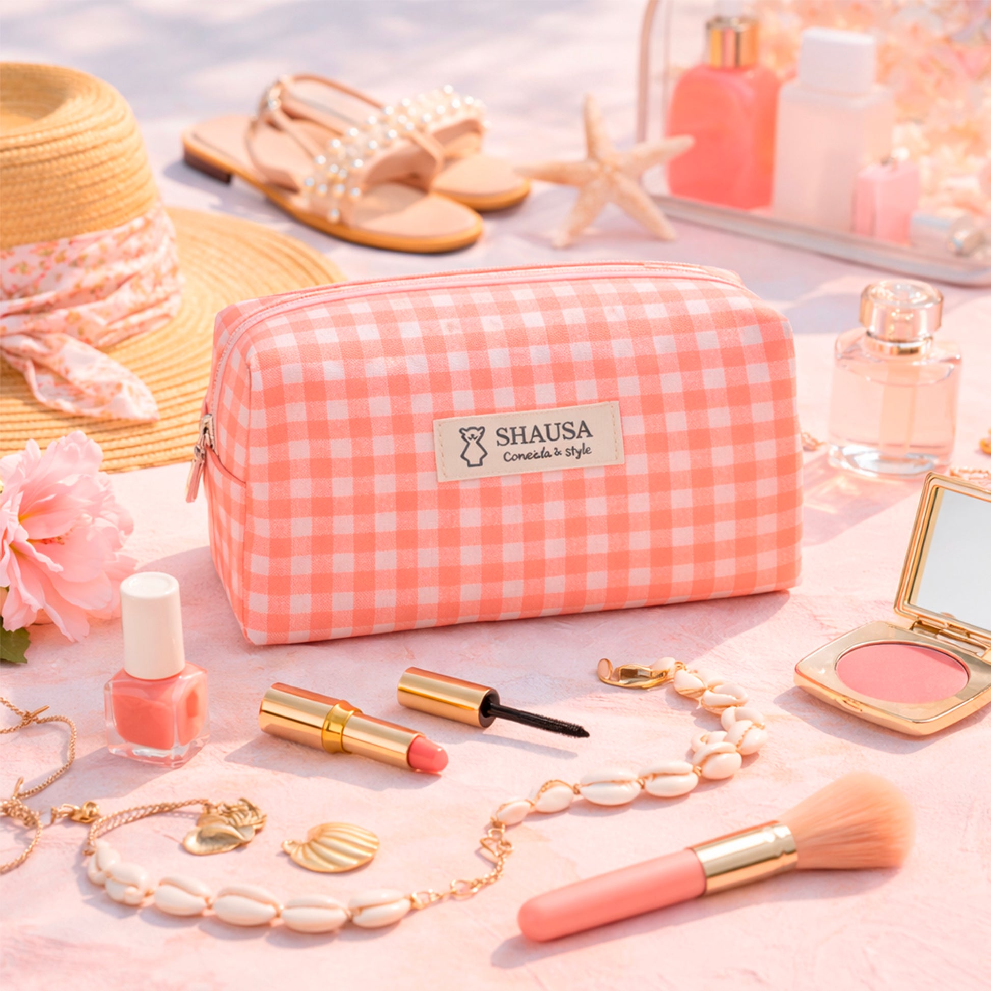 Neceser rectangular vichy rosa flúor en uso estilo verano