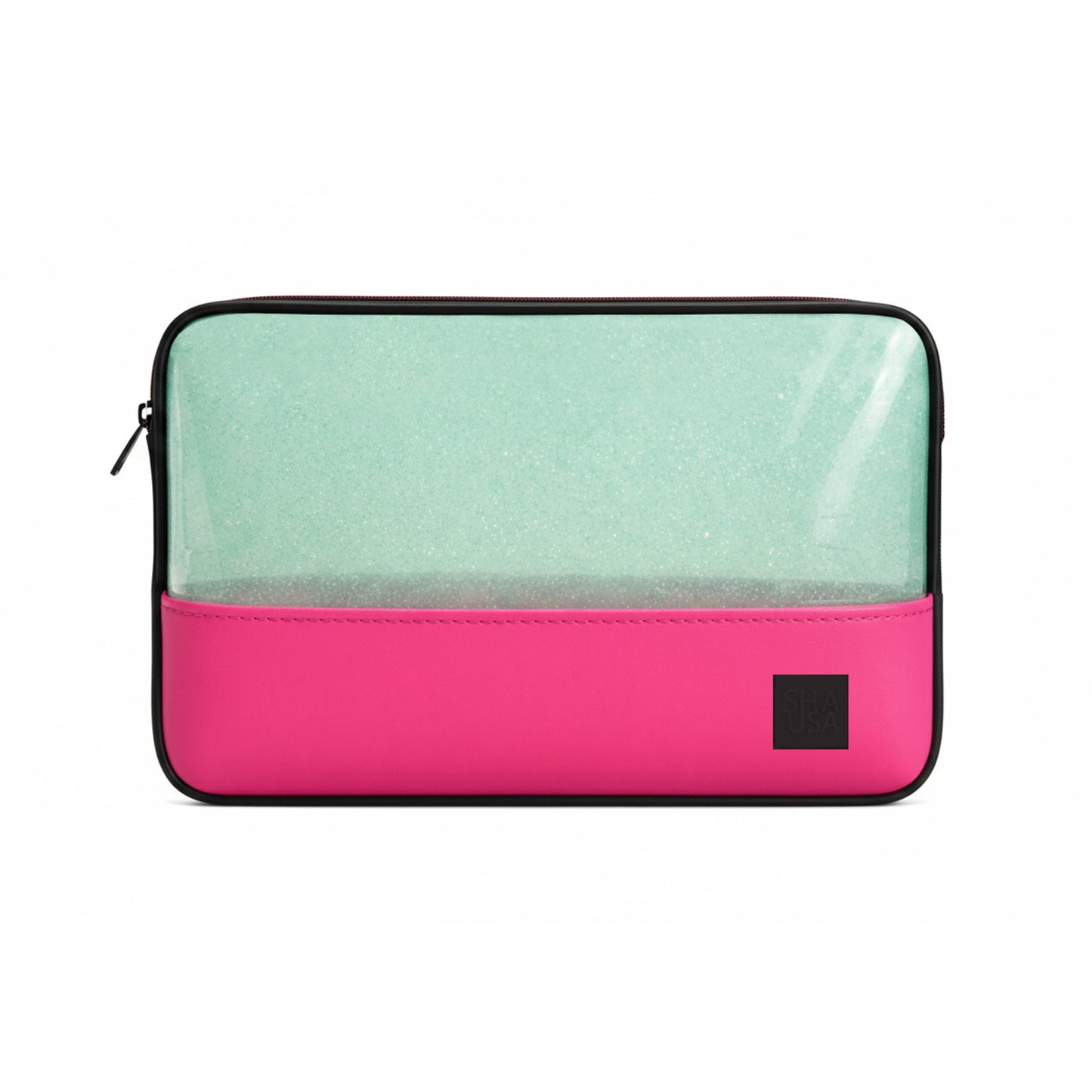 Porta ordenador 13 pulgadas PVC verde traslúcido con glitter y base EVA fucsia