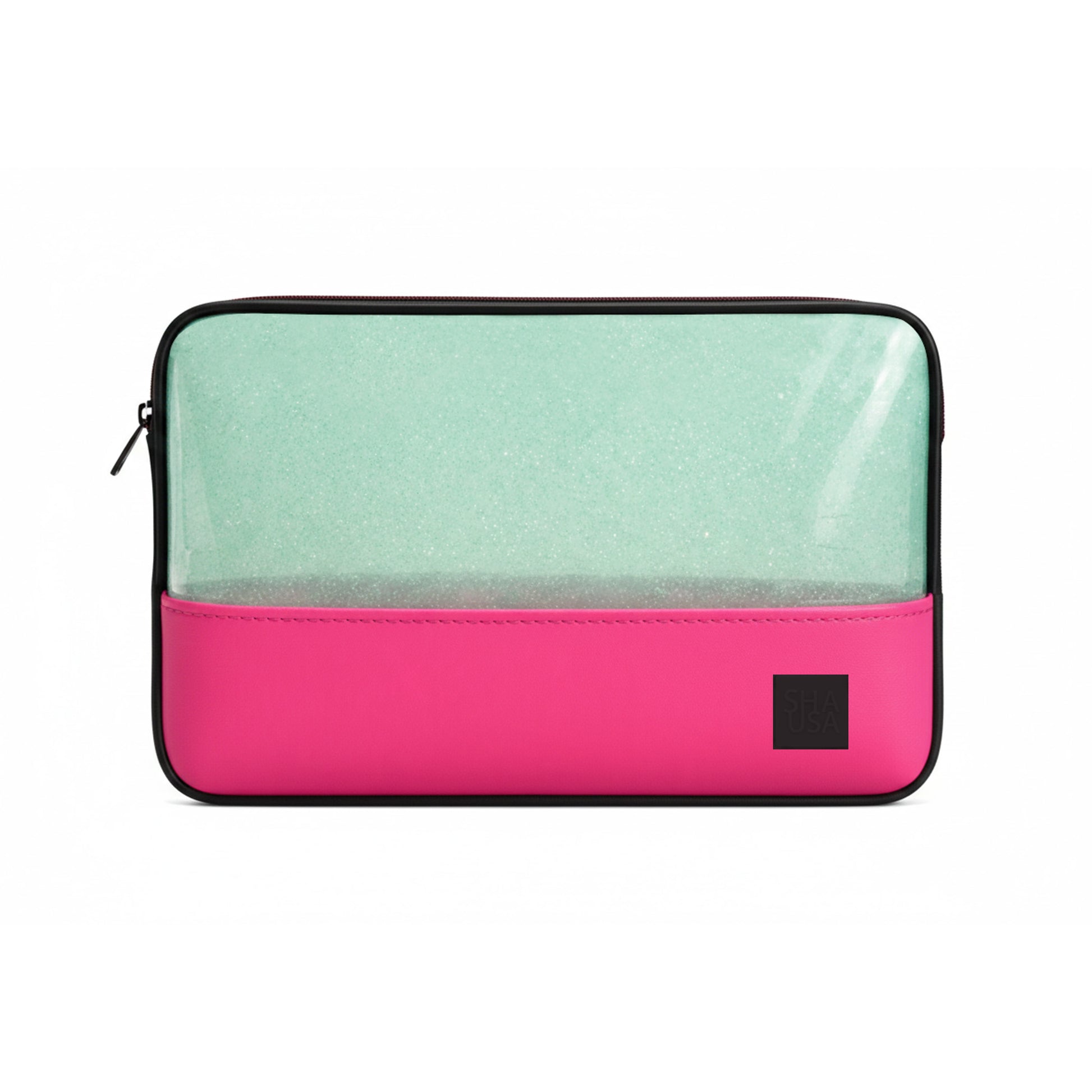 Porta ordenador 13 pulgadas PVC verde traslúcido con glitter y base EVA fucsia